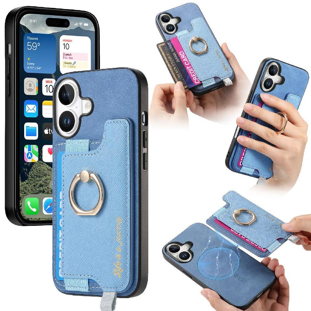 (Blue) Case For Iphone 17 Ring Stand Holder Wallet Magnetic Magsafe Compatible Blue 764563180332