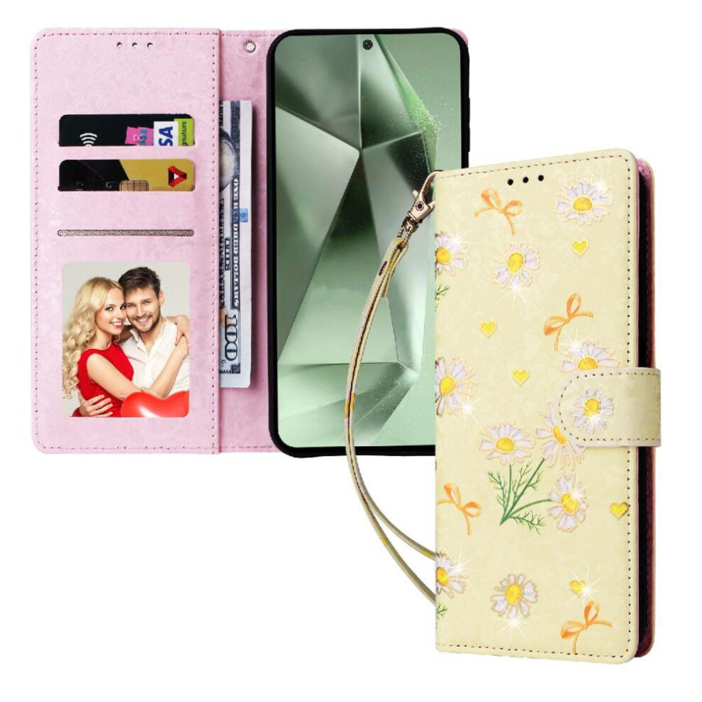 (C3 ) Wallet Phone Case For Iphone Air Painted Flower 1 Bill Compartment Rfid Blocking Magnetic Closure 3 Card Slots Gold 764563181193