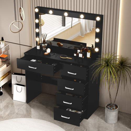 Vanity Makeup Desk with LED Mirror, 11 Bulbs, 3 Light Modes, 5 Drawers, Adjustable Brightness