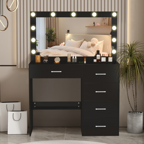 Vanity Makeup Desk with LED Mirror, 11 Bulbs, 3 Light Modes, 5 Drawers, Adjustable Brightness 1