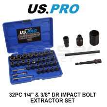 US PRO Tools 32pc 1/4" & 3/8" Dr Impact Bolt Extractor Set Easy Outs 7551
