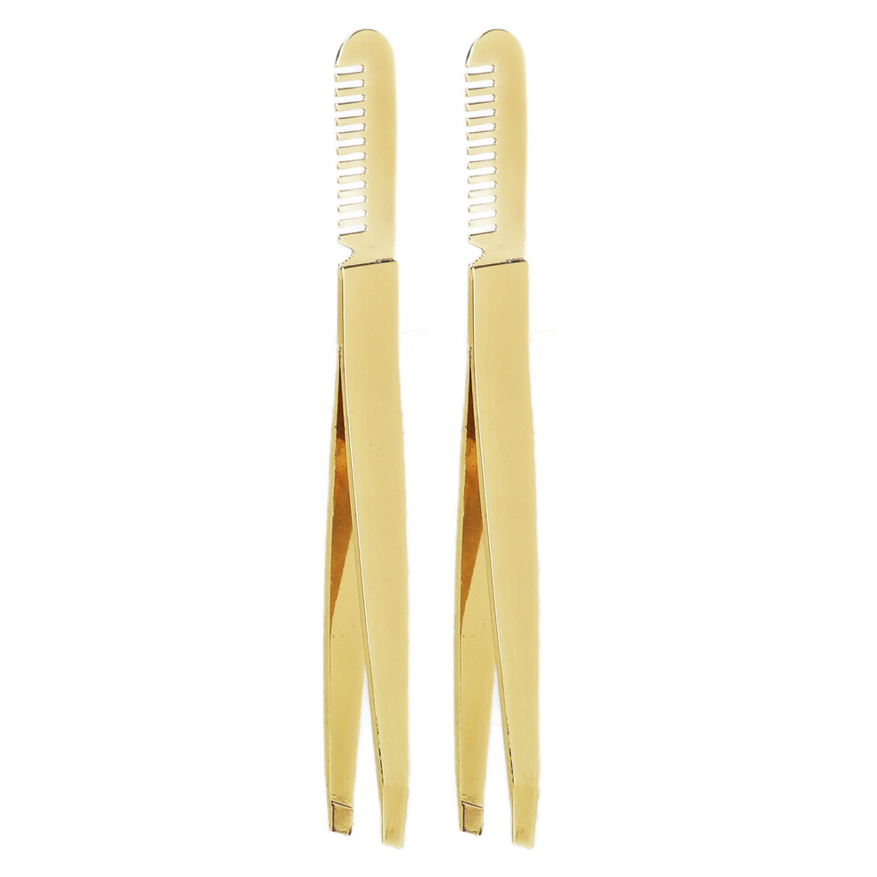Golden 2Pcs Slant Pointed Tweezer Comb Stainless Steel