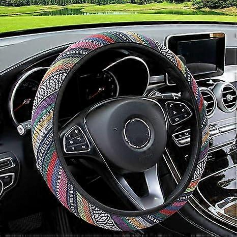 Cute Boho Steering Wheel Cover Tribal With Aztec Ethnic Style Flax Cloth, Universal 15 Inch For Women Girls, Fit Vehicles, Sedans, Suvs Colorful 9022594374016