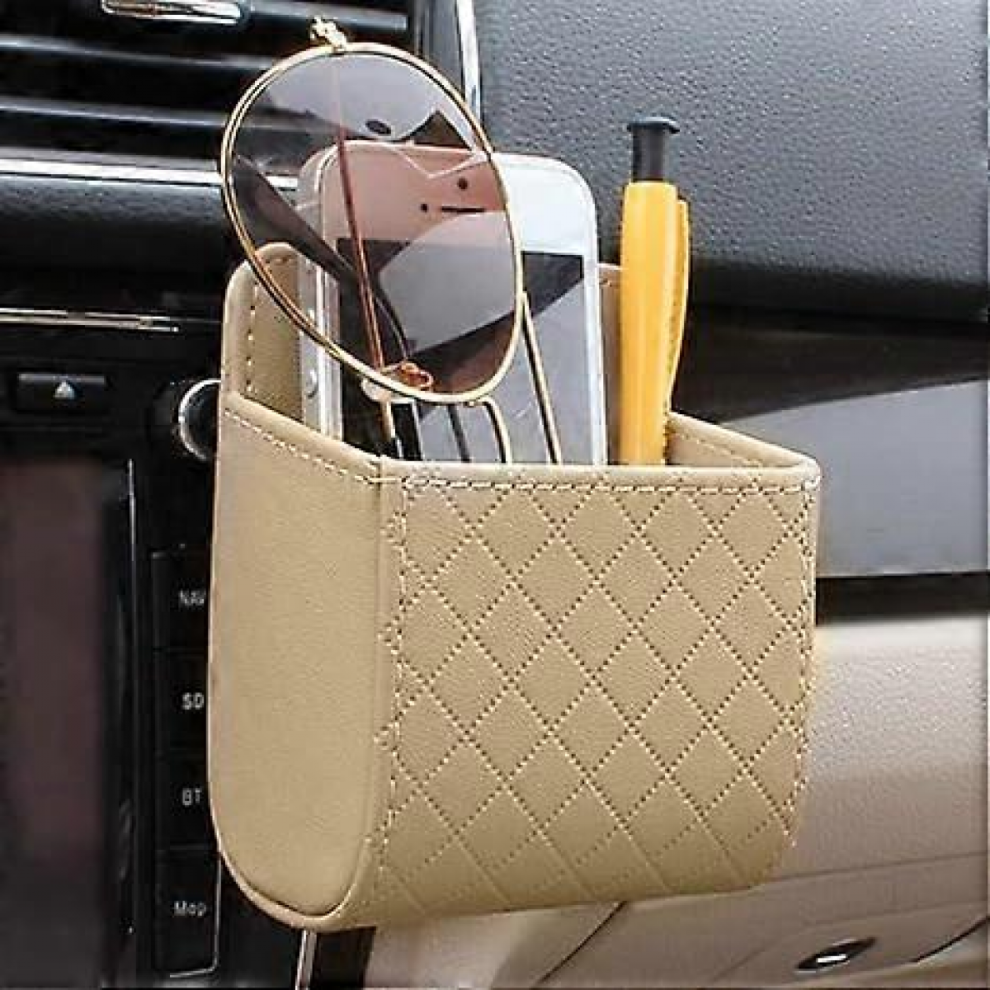 Car Auto Air Vent Leather Tidy Storage Hanging Bag Case Organizer For Keys, Coin, Cell Phone & Glasses. Vehicle Small Bucket With Hook [Beige]10.5*9C Beige 9022594377352