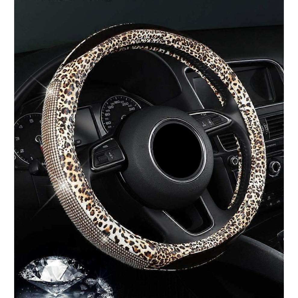 Diamond Steering Wheel Cover with Bling Rhinestones Leopard Pattern Leather Universal Fit 15 Inch Car Wheel