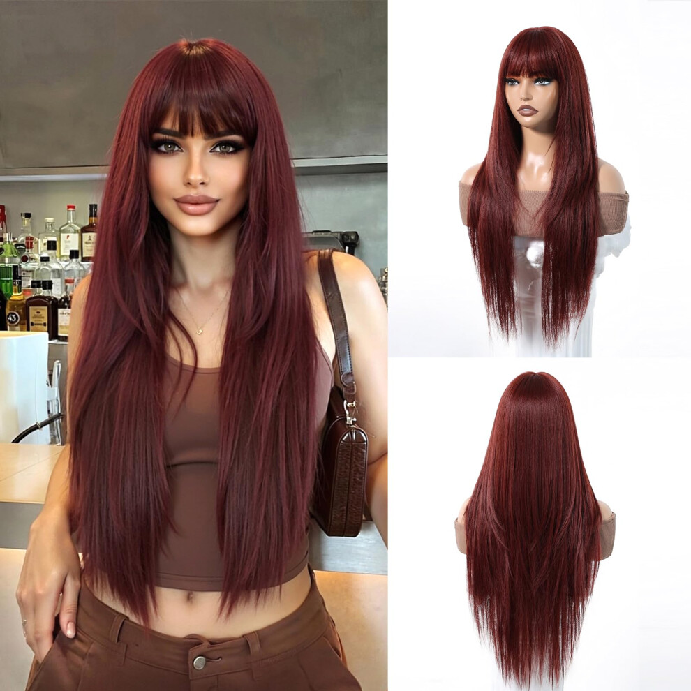 Unisex Red,Brown Reddish Brown Synthetic Wig With Bangs 28 Inch Long Straight Layered Wig For Women Auburn Glueless Hairpiece