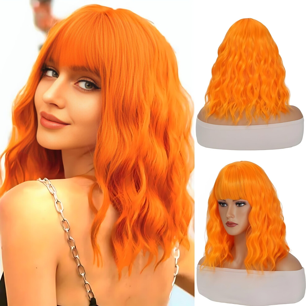 Unisex Orange Wavy Bob Wig With Bangs For Women, 14 Inch Shoulder Length Synthetic Ginger Hair, Natural Look
