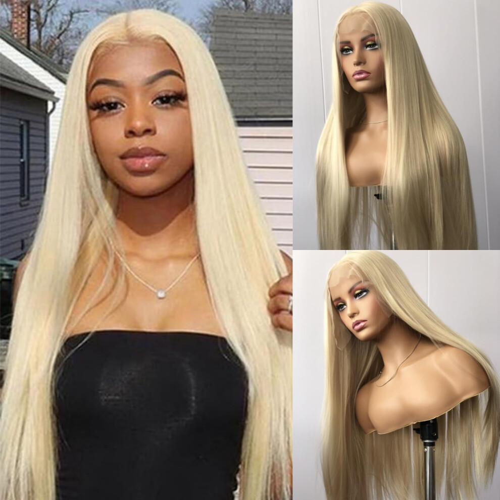 Unisex Blonde Wig Synthetic Long Silky Straight Lace Front Wig 13X6 Glueless Natural Hairline 613 Color For Daily Use Cosplay