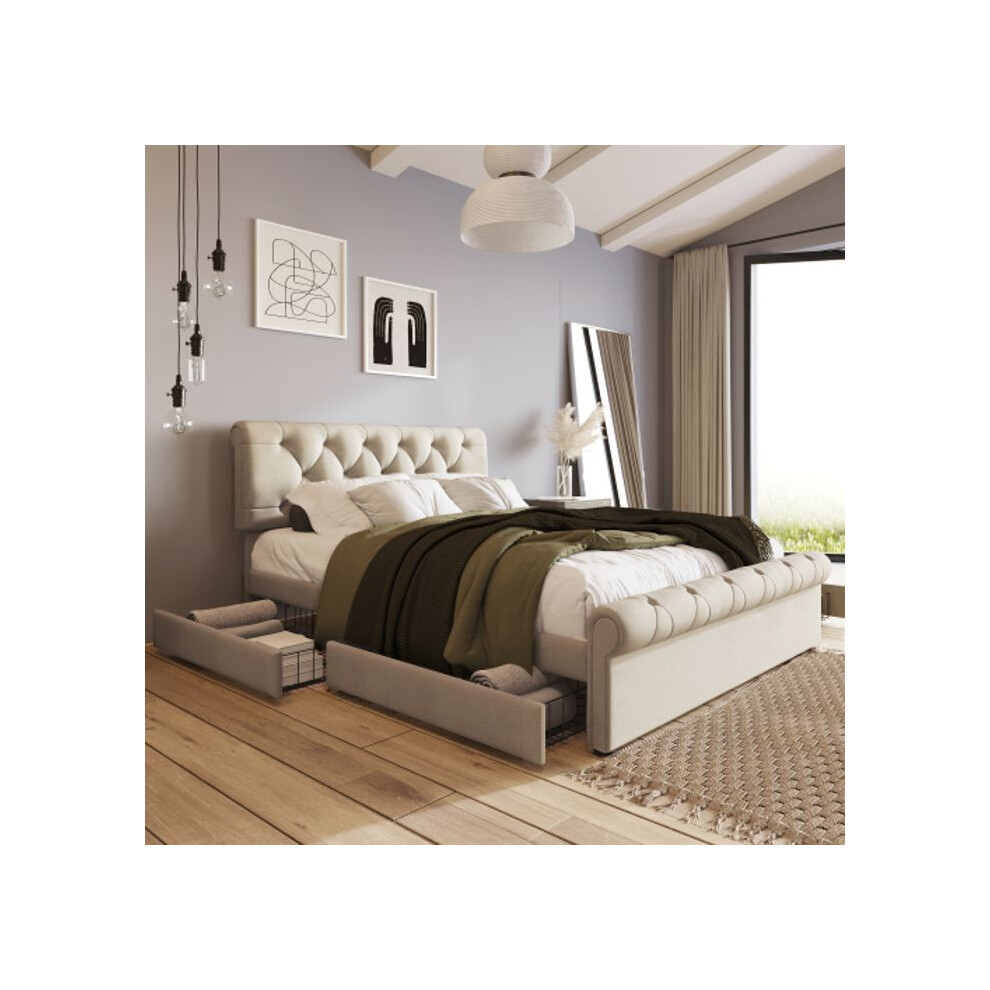 Cadre de lit avec 4 tiroirs, lit rembourré 140x200cm, tête de lit réglable en hauteur, couleur naturelle, sans matelas