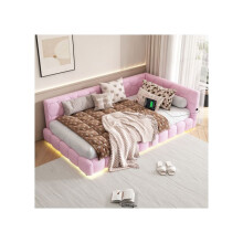Dagbed, 90*200 cm (zonder matras), sfeerverlichting 16 kleuren, USB-interface, kunstwol, roze