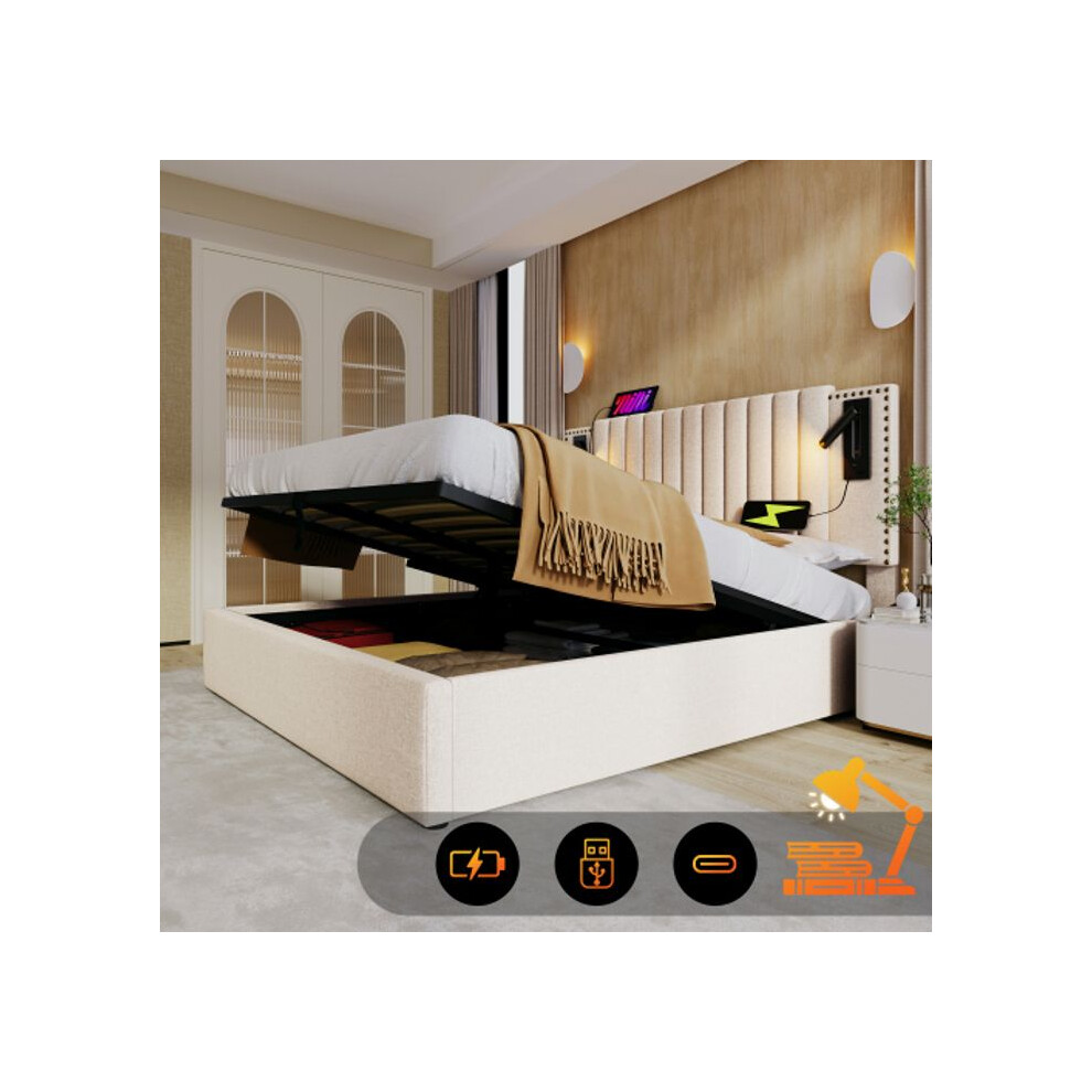 Cama Con ColchóN De 140X200, LáMpara De Lectura Con FuncióN De Carga Usb, Cabecera, AlgodóN, Beige (Sin ColchóN)-image