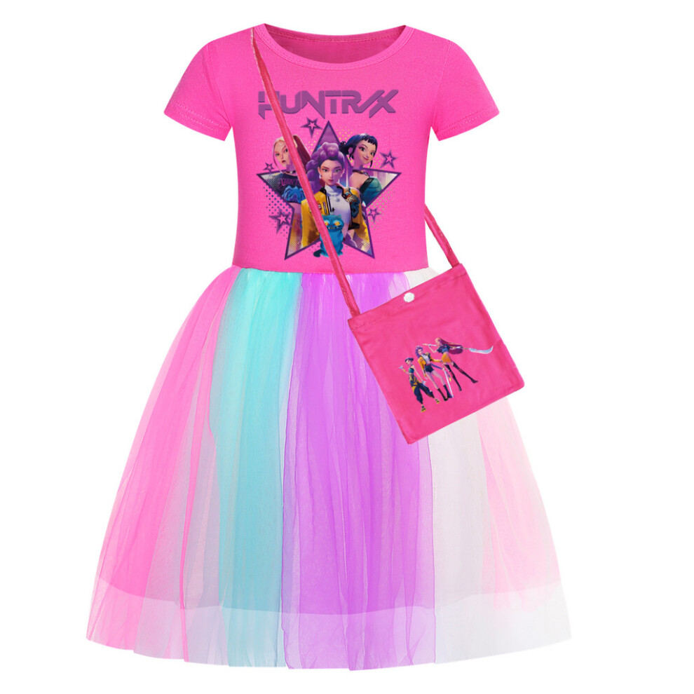 (Short Rose Red, 110cm) Demon Hunters Kpop Toddler Dress With Rainbow Lace Short Clothing Sleeve Girls-image-OPC-PJQXXZD-NEW