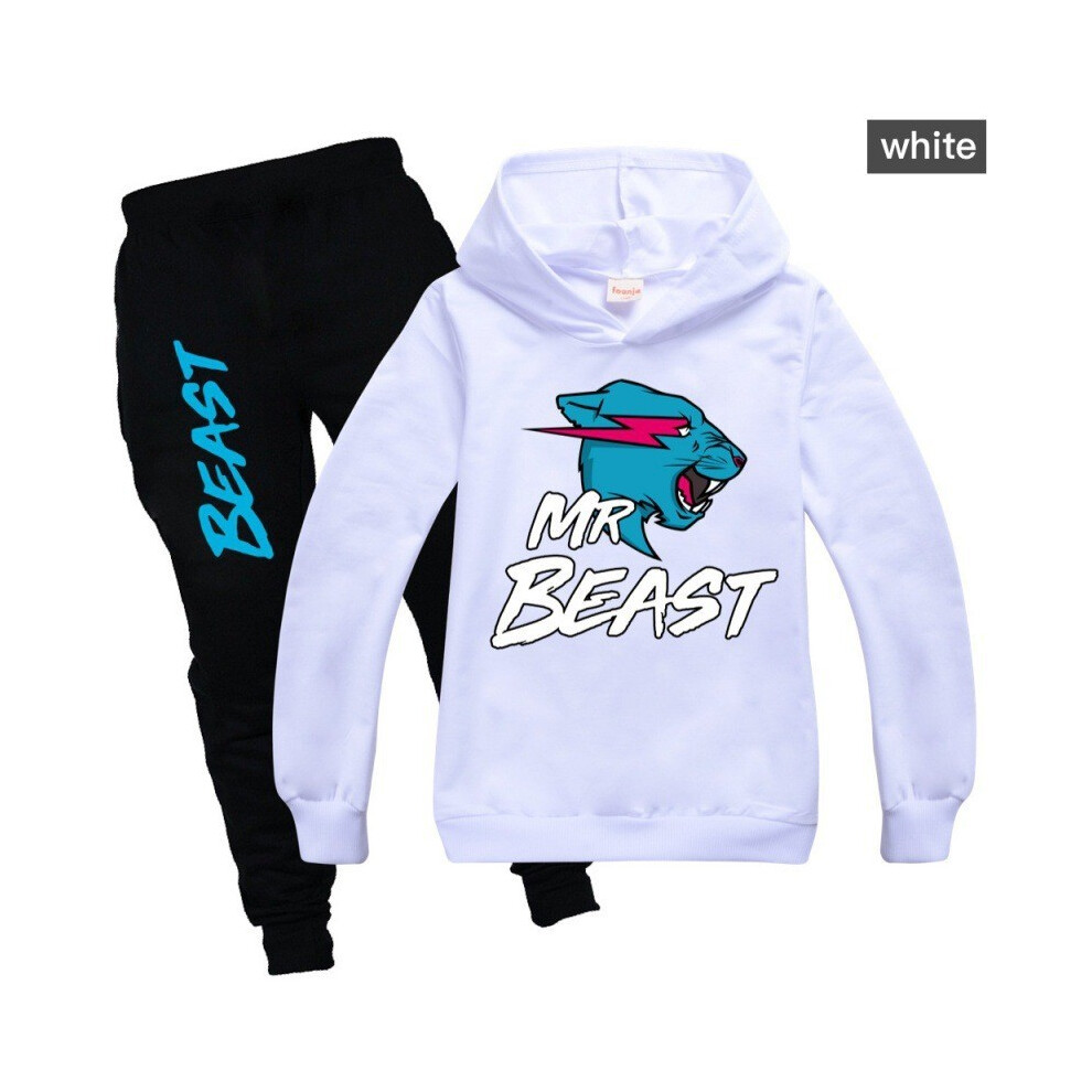 (White,130Cm/51.18In)Mr Beast Sudadera Con Capucha Jersey Prendas Para El Torso Con Pantalones Pantalones Traje Conjuntos NiñOs 714Y-image