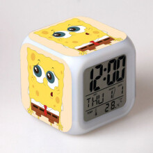(Yellow) Clock Spongebob Alarm Patrick Star Led Glowing Digital 7 Color Gifts Clock Desk