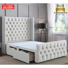 (Blue ( No Mattress), 5ft King ( No Drawers)) Divan Bed with 54in Winged back Headboard, Mattress, 2 Storage Drawers Option
