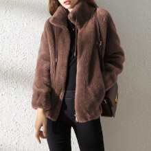 (Brown,L)Cappotto donna invernale double face peluche supporto colletto caldo cardigan abbigliamento cerniera