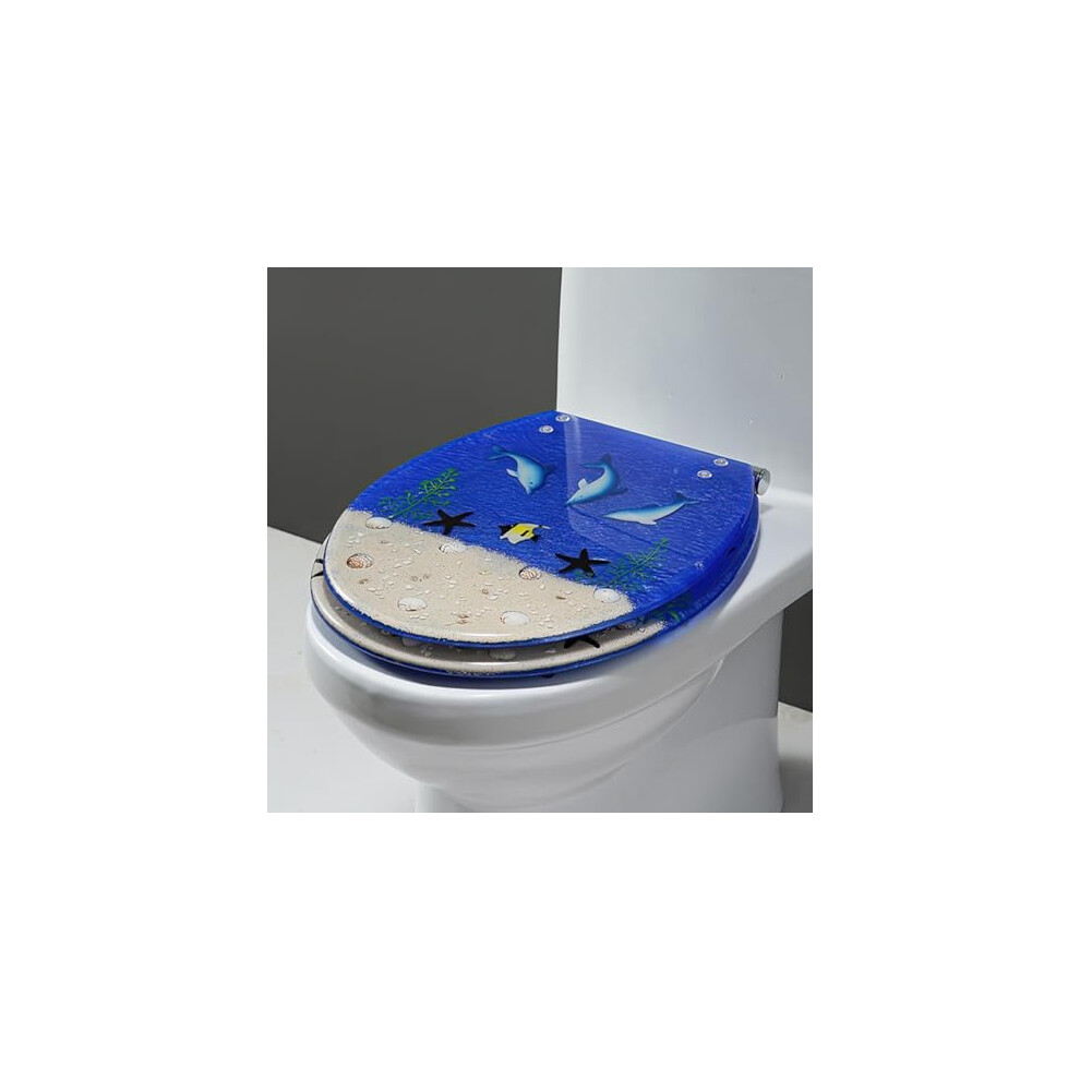 16.5" Round Resin Toilet Seat Heavy Duty Silent Slow Close Cover With 3D Ocean Design For Standard Toilets 6482260766232