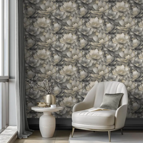 Muriva Charcoal Gold Floral Wallpaper 3D Effect Metallic Shimmer Feature Wall 1