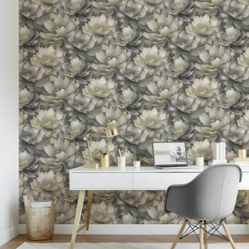 Muriva Charcoal Gold Floral Wallpaper 3D Effect Metallic Shimmer Feature Wall