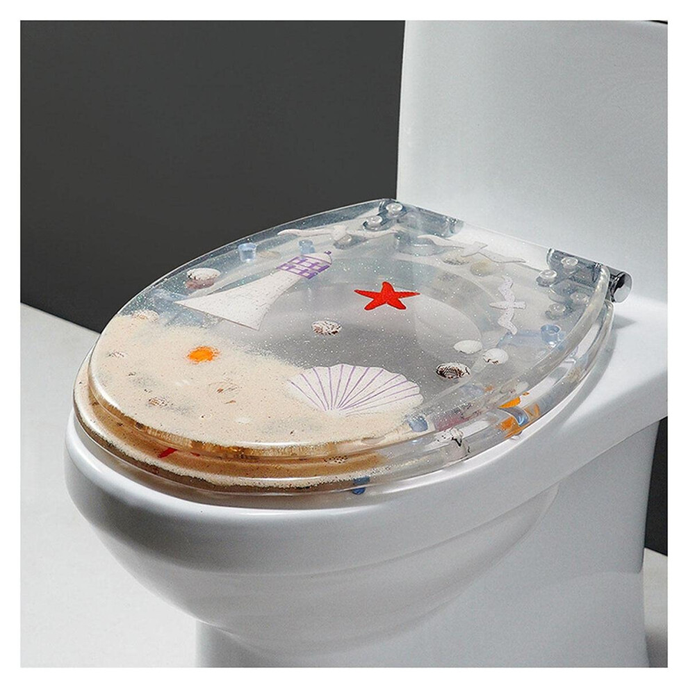 Wc Seat With Cover, Robust Toilet Lid With Dolphin, Starfish, Shells, Sand For Type-Wc, Ocean Series Slow Close 6947110244303