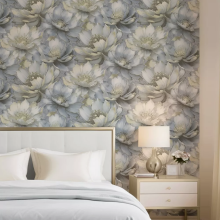Blue Floral Wallpaper 3D Effect Metallic Shimmer Feature Wall