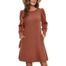 Women's Long Sleeve Ruffle A-Line Mini Dress High Waist Casual Knitted Tunic Jumper Winter Maternity Dress Brown Size M