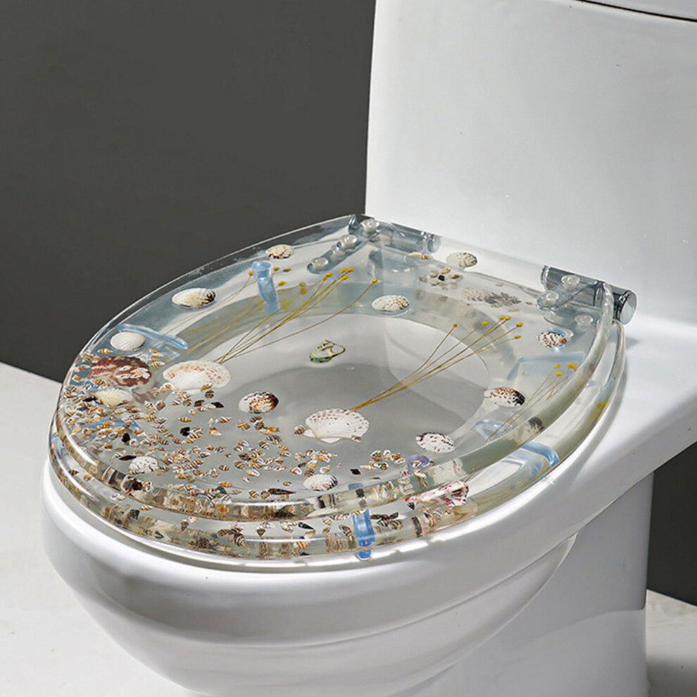 Transparent Resin Toilet Seat With Adjustable Stainless Steel Hinges, 3D Ocean Series, Soft Close, Oval Shape, Quick Release 6947110245904