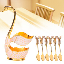 Ensemble de cuillères porte‑cygne doré et blanc, 11 cm / 12,5 cm
