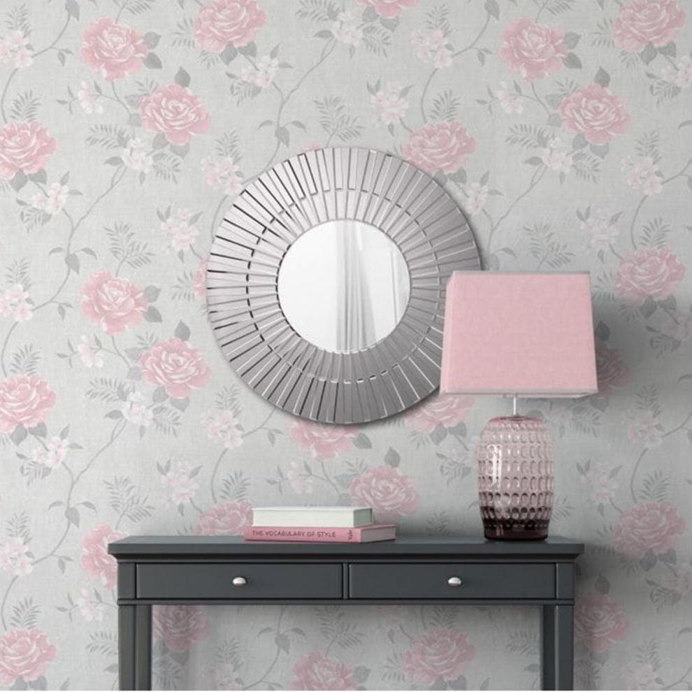 Grey Pink Floral Wallpaper Linen Shimmer Effect Textured Feature Wall 5060729371244