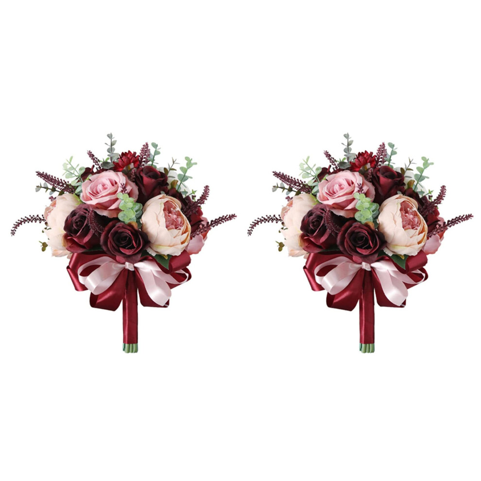 Burgundy Dusty Flower Bouquet - Champagne Red with Eucalyptus, Real Touch Wedding Flowers for Brides-image-OPC-PJR9CDC-NEW