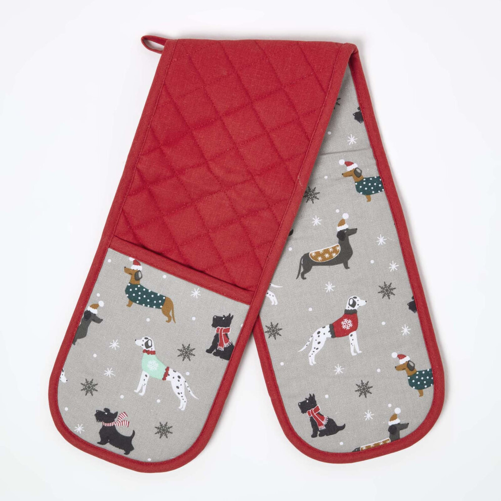 Homescapes Dog Christmas Double Oven Glove Red/Grey