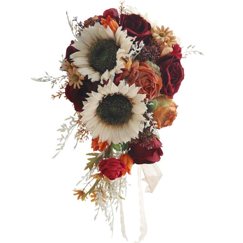 Vintage Sunflower Wedding Bridal Bouquet with Burgundy Roses Artificial ...
