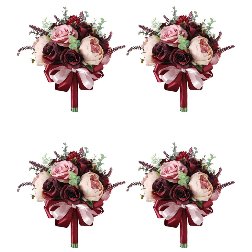 Burgundy Red Wedding Bouquet, 4 Pieces, Elegant Wedding Flowers, High-Quality Artificial Flowers for Decoration-image-OPC-PJR9FDK-NEW