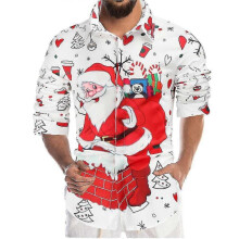 Christmas Shirt Men Xmas Santa Print Shirts Button Blouse Tops Plus Size