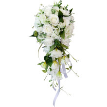 Bridal Bouquet with White Roses, Handmade Artificial Flower in Waterfall Style for Wedding Ceremony Decoration