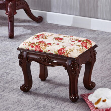 Leather Footstool Ottomane Solid Wood, Round Upholstered Footrest for Living Room and Bedroom in Vintage Style