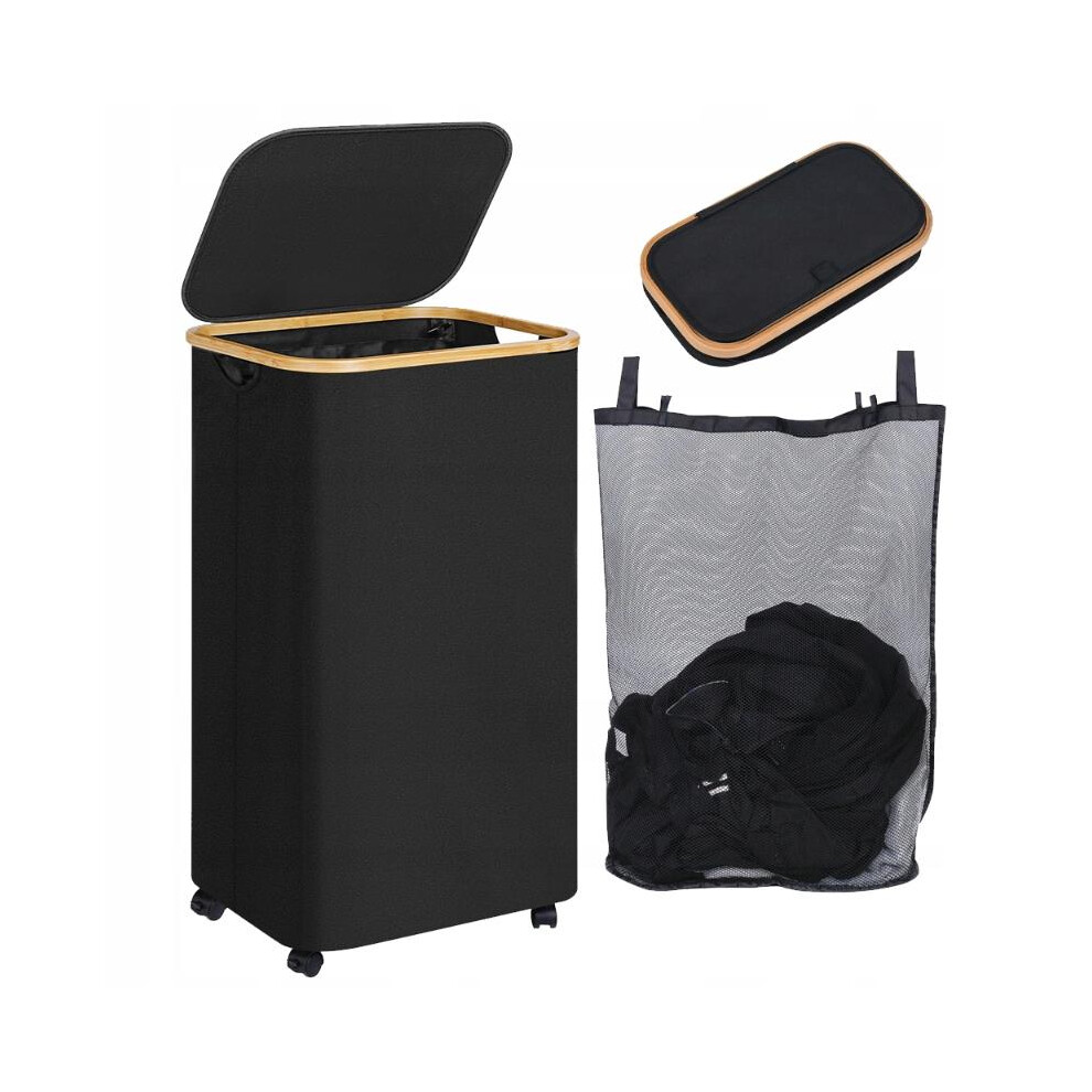 BAMBOO BASKET WITH LID AND WHEELS FOR LAUNDRY CONTAINER 110L LOFT BATHROOM