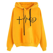 Women's Hooded Sweatshirt with Electrocardiogram Print, Loose Fit Athletic College Pullover, Basic Hoodie in Gelb XL