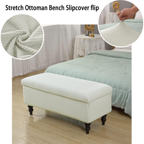 Stretch Ottoman Cover with Lid, Ivory Polarfleece Footstool Protector for Rectangular Folding Storage Bench, Size M 2