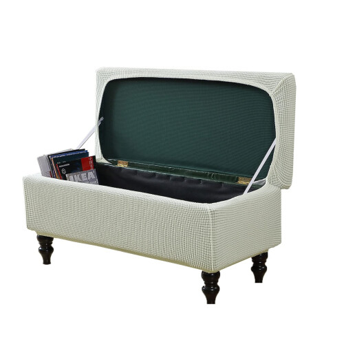 Stretch Ottoman Cover with Lid, Ivory Polarfleece Footstool Protector for Rectangular Folding Storage Bench, Size M