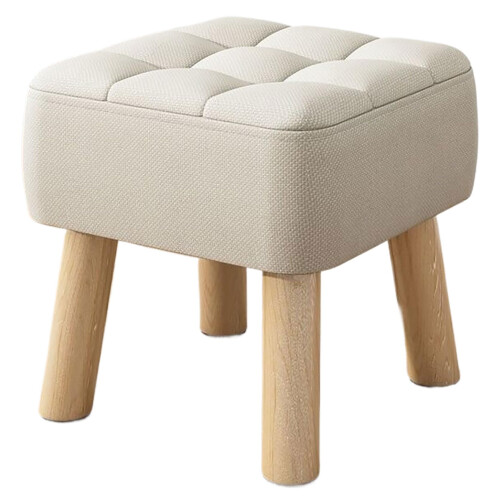 Small Solid Wood Stool with Fabric Seat, Space-Saving Design, Stylish Low Stool, Matte White, 30x30x34 cm