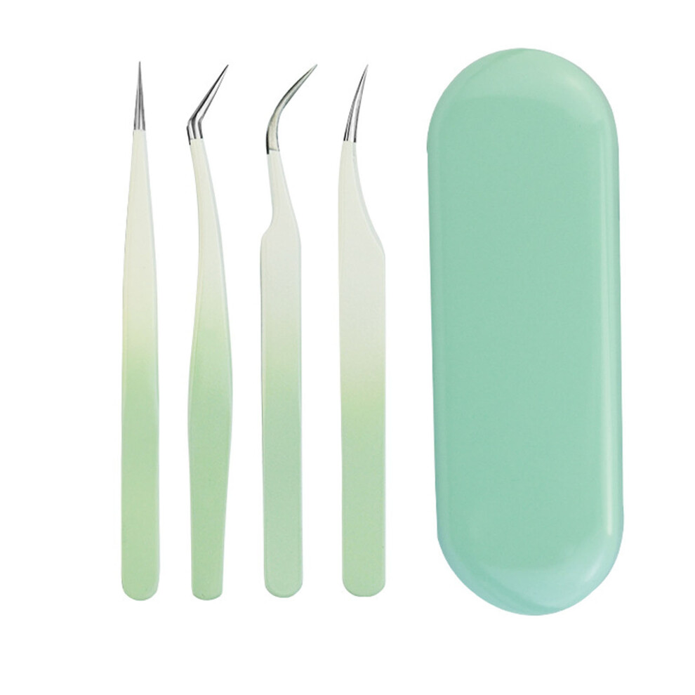 Green 4Pcs Eyelash Tweezers Set Stainless Steel False
