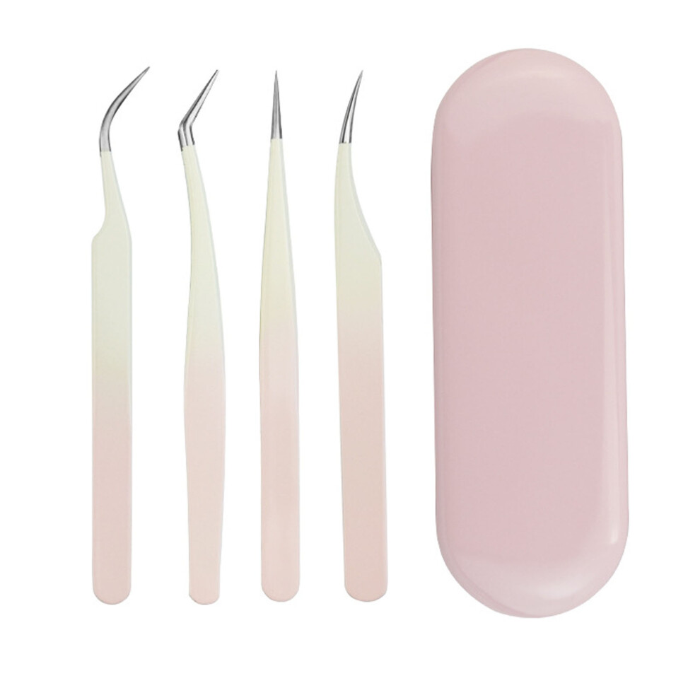 Pink 4Pcs Eyelash Tweezers Set Stainless Steel False