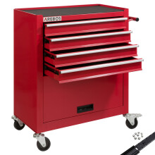 AREBOS 4-Drawer +Compartment Tool Cabinet Garage Tool Chest with Wheels Workshop Tool Storage Lockable Red
