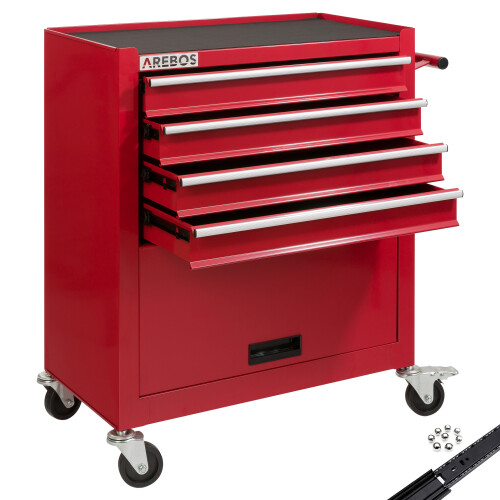 AREBOS AREBOS 4-Drawer +Compartment Tool Cabinet Garage Tool Chest with Wheels Workshop Tool Storage Lockable Red