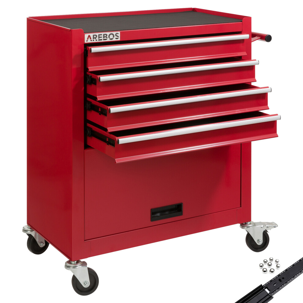 Arebos 4-Drawer +Compartment Tool Cabinet Garage Tool Chest With Wheels Workshop Tool Storage Lockable Red