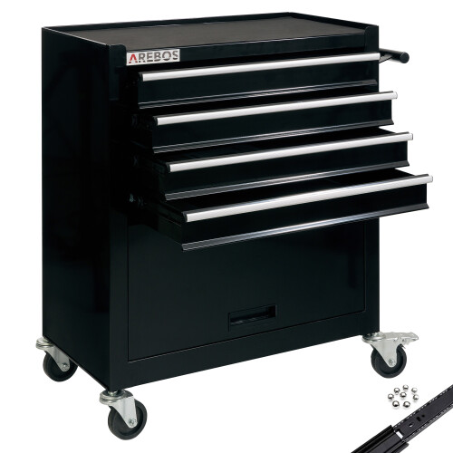 AREBOS AREBOS 4-Drawer +Compartment Tool Cabinet Garage Tool Chest with Wheels Workshop Tool Storage Lockable Black