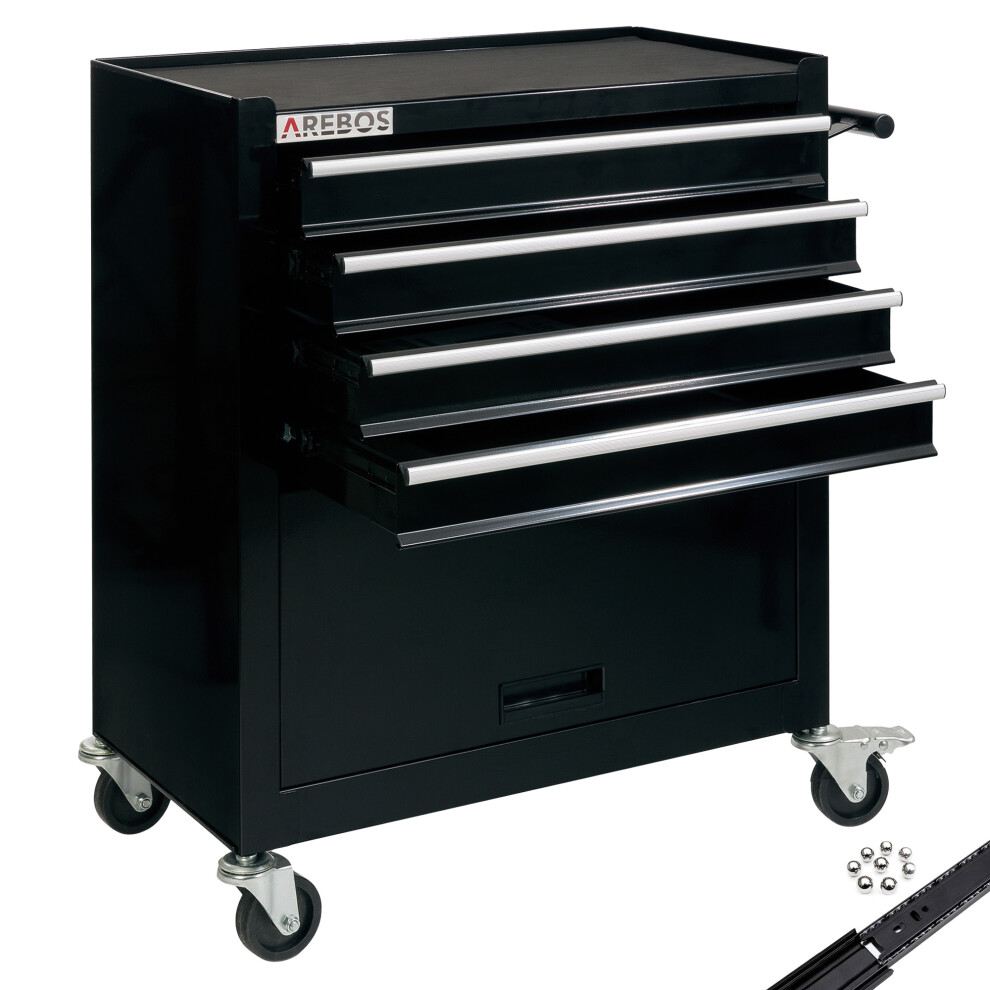Arebos 4-Drawer +Compartment Tool Cabinet Garage Tool Chest With Wheels Workshop Tool Storage Lockable Black