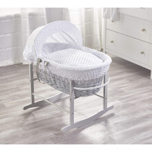 ELEGANT BABY White Dimple Grey Wicker Moses Basket with Chester Grey Rocking Stand, Adjustable Hood, Fibre Mattress & Padded Liner