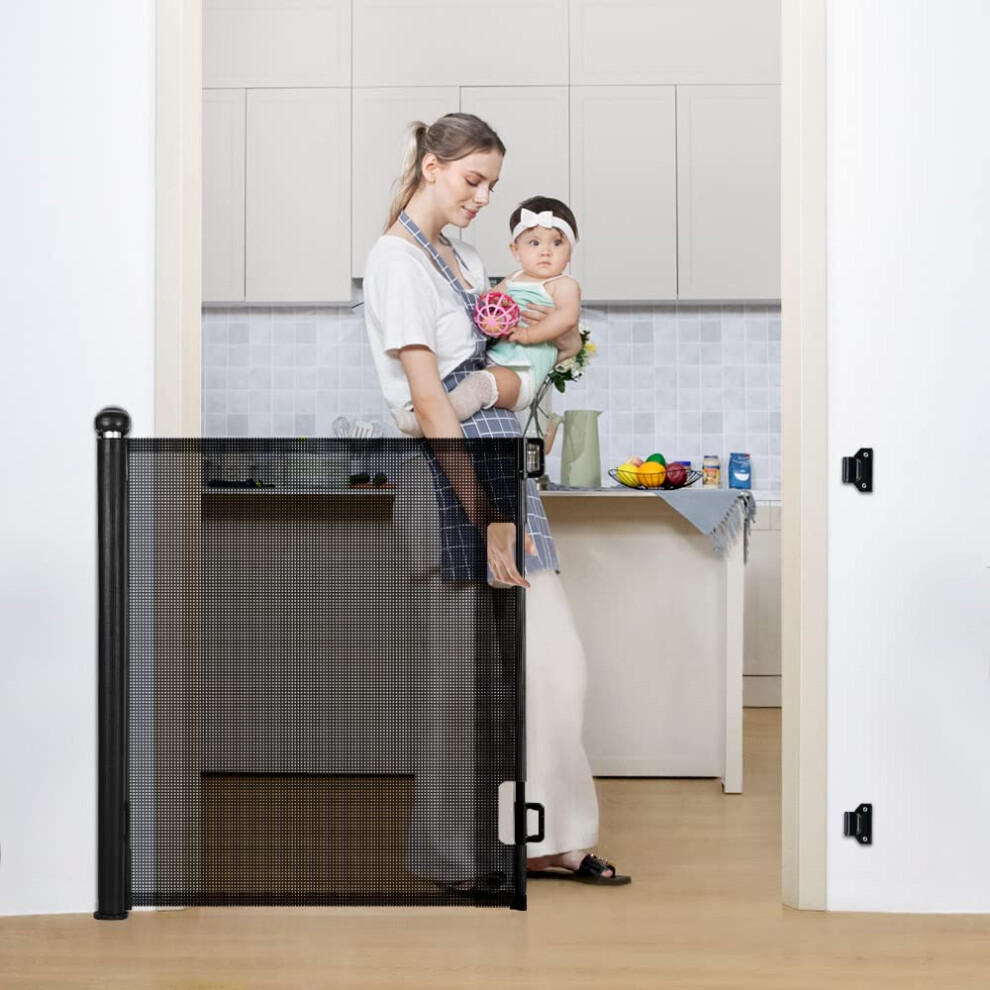 COMOMY Retractable Baby Gate for Stairs, 0-140cm Mesh Dog Gate for House Doorways Hallways, 84cm Tall Extra Wide Child Safety Gate for Kids Pets, Ind